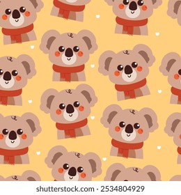 seamless pattern cartoon koala wearing red scarf in winter day. cute animal wallpaper for fabric print, gift wrap paper