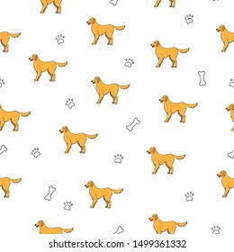 Seamless pattern with cartoon labrador retriever dog, bones and paws