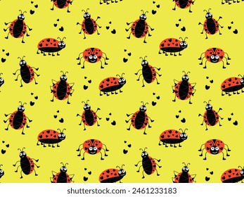 Seamless pattern with cartoon ladybugs of different shapes and characters on a yellow background. Vector illustration for print, textile, wrapping paper, background, wallpaper