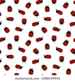 Seamless pattern of cartoon ladybugs. For wallpapers, fabric design, wrapping paper, or kid-friendly art projects