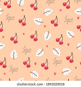 Seamless pattern with cartoon leaves, berries, decor elements. Colorful vector flat style for kids. hand drawing. valentines day. Romantic design for print, wrapper, fabric.