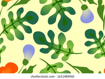 Seamless pattern with cartoon leaves and flowers on a light background. Decorative organic design. Abstract floral print. EPS10 vector illustration.
