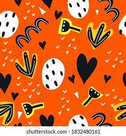 Seamless pattern with cartoon leaves, hearts, decor elements on a neutral background. flat style, colorful festive vector, valentines day. Romantic design for print, wrapper, fabric.