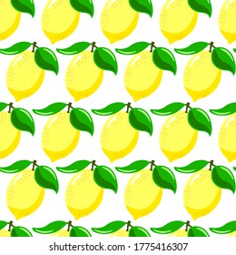 Seamless pattern cartoon lemon with leaves, abstract plant silhouettes.  tropical fruit food on a white background.