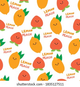 Seamless pattern with cartoon lemon and peach. for fabric print, textile, gift wrapping paper. colorful vector for kids, flat style