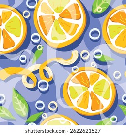 Desenho animado sem emenda padrão de limão, casca de limão e folhas flutuando na água. Refrescante no verão. É um desenho animado do personagem kawaii. Design de padrões para papel de embrulho, papel de parede e impressões de moda.