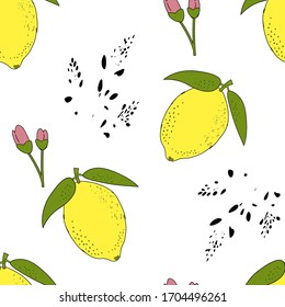 Patrón sin inconvenientes con limones caricaturizados con hojas y capullos de flores, siluetas de plantas abstractas. un interminable patrón con alimentos de frutas tropicales sobre un fondo blanco transparente.