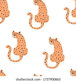 seamless pattern with cartoon leopards. colorful vector for kids, flat style. Baby design for fabric, textile, print, wrapper.