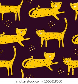 Seamless pattern with cartoon leopards, decor elements on a neutral background. flat vector animals. Hand drawing for children. wild life. baby design for print, textile, fabric, wrapper