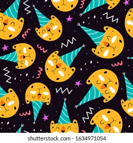 Seamless pattern with cartoon leopards, decor elements on a neutral background. Festive colorful vector, flat style. hand drawing. happy Birthday. kids design for print, wrappers