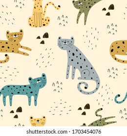 seamless pattern with cartoon leopards, decor elements on a neutral background. Colorful vector flat style for kids. Animals. hand drawing. baby design for fabric, print, wrapper, textile