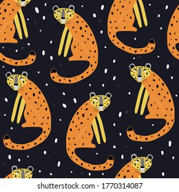 
seamless pattern with cartoon leopards, decor elements on a neutral background. colorful vector for kids, flat style. Baby design for fabric, textile, print, wrapper.
