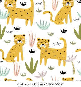 seamless pattern with cartoon leopards, plant, decor elements. Colorful vector flat style for kids. Animals. hand drawing. baby design for fabric, print, wrapper, textile