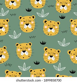 seamless pattern with cartoon leopards, plant, decor elements. Colorful vector flat style for kids. Animals. hand drawing. baby design for fabric, print, wrapper, textile