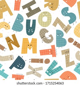 Seamless pattern with cartoon letters, decor elements. vector, typographic font. flat hand drawing. design for print, fabric, textile, wrapper