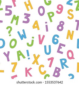 Seamless pattern with cartoon letters and numbers. Vector.