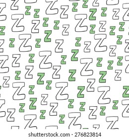 Patrón sin inconvenientes con letras de dibujos animados z. Se puede utilizar para papel pintado, rellenos de patrones, tarjetas de felicitación, fondos de páginas web, reserva de chatarra y tela o tela. Ilustración vectorial. EPS 10.