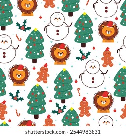 seamless pattern cartoon lion with christmas tree and stuff. cute christmas wallpaper for fabric print, gift wrap paper