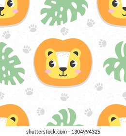 Seamless pattern with cartoon lion. Cute baby background, stamp texture. Vector illustration.