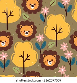 nahtlose Muster Cartoon Löwe, Blume und Pflanze. süßer Tierdruck