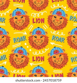 Seamless pattern with cartoon lion head in a cap, inscription lion, roar and doodle drawing elements on yellow background. Childish Vector illustration.