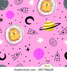 seamless pattern with cartoon lion  in space, planet, rocket, moon, decor elements a neutral background. Colorful vector for kids, flat style, hand drawing. baby design for fabric, print, nursery wall