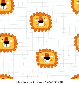 Seamless pattern with cartoon lions, decor elements. Colorful vector flat for kids. hand drawing. baby design for fabric, print, wrapper, textile