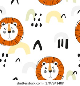 Seamless pattern with cartoon lions, decor elements. Colorful vector flat for kids. hand drawing. baby design for fabric, print, wrapper, textile