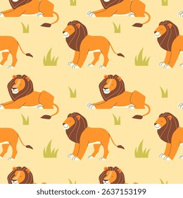 Seamless pattern with cartoon lions in flat style