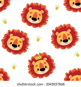 Seamless pattern with cartoon lions on a white background. Vector illustration of an animal character in a minimalistic flat style, hand drawing. Children s print for textiles, print design, postcards