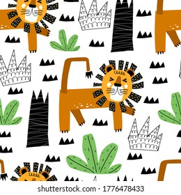 Seamless pattern with cartoon lions, plants, decor elements. Colorful vector flat for kids. hand drawing. baby design for fabric, print, wrapper, textile