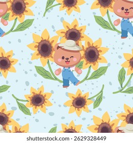 Seamless pattern cartoon of little bear wearing overalls, a straw hat and sunflowers. It is a kawaii character cartoon. Pattern design for wrapping paper, wallpaper and fashion prints.