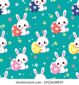 Seamless pattern cartoon of little bunny hugs an Easter egg, Easter eggs for Easter holidays. Pattern for fabric and wrapping paper, Pattern for design wallpaper and fashion prints.