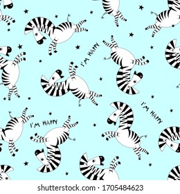 Seamless pattern cartoon little cute baby zebra flying and smiles. Template design for fabric, envelope, for kids, holiday decor.