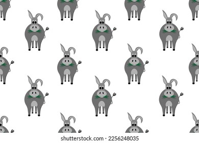 Seamless pattern with cartoon little donkey on white background. Endless backdrop with burro. Wallpaper and bed linen print with farm animal.