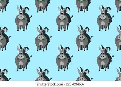 Seamless pattern with cartoon little donkey on blue background in cut out style. Endless backdrop with burro. Wallpaper and bed linen print with farm animal.