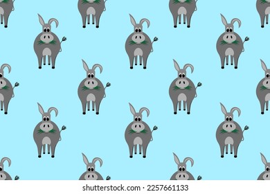 Seamless pattern with cartoon little donkey on blue background. Endless backdrop with burro. Wallpaper and bed linen print with farm animal.