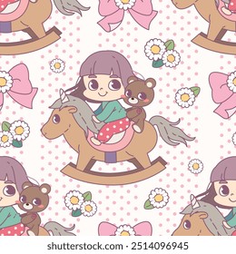 Seamless pattern cartoon of little girl riding rocking horse. It's a pattern that looks feminine. Pattern design for fabric, wrapping paper, wallpaper and fashion prints.