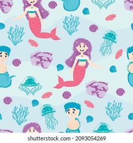 seamless pattern with cartoon little mermaids and newt, jellyfish, coral, seashells, colorful. fabulous underwater world