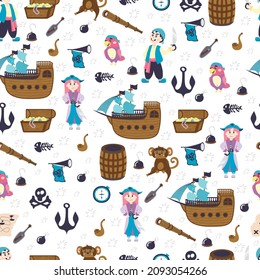 seamless pattern with cartoon little pirates, parrot, trumpet, fanfare, ship, flags, skull, bones, fish skeleton, bomb and anchor