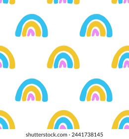 Seamless pattern with cartoon little rainbows on white background. Modern flat cute background. Vector illustration