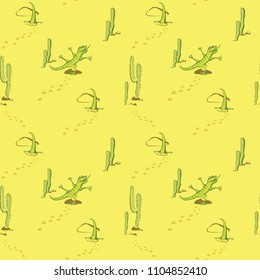 Seamless pattern with cartoon lizards does yoga against a desert background with cacti. Healthy lifestyle concept. Use for postcards, print for t-shirts, posters, textile.