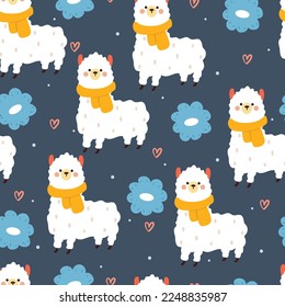 seamless pattern cartoon llama and flower. cute animal wallpaper for textile, gift wrap paper