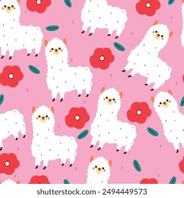 seamless pattern cartoon llama and flower. cute wallpaper for textile, gift wrap paper