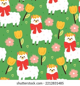 seamless pattern cartoon llama and flowers. cute animal wallpaper for textile, gift wrap paper