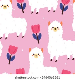 seamless pattern cartoon llama with flowers. cute animal wallpaper for gift wrap paper, textile