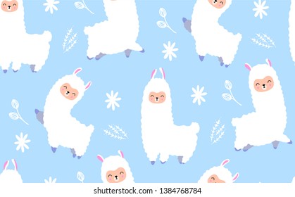 Seamless pattern with cartoon llama and hand drawn elements. Great for fabric, textile, nursery design, poster, birthday greeting card
