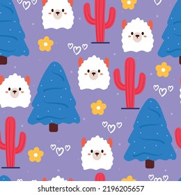 seamless pattern cartoon llama and plant. cute animal wallpaper for textile, gift wrap paper