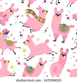 Seamless pattern with cartoon llamas. Alpaca vector texture on a white background. Background for children's and kids books, print, poster, stickers, fabric, wrapping paper.