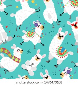 Seamless pattern with cartoon llamas. Alpaca vector texture on a blue background. Background for children's and kids books, print, poster, stickers, fabric, wrapping paper.